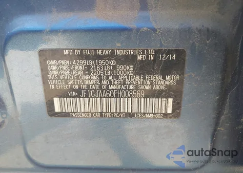 2015 Subaru Impreza 2.0I из США, поврежденный, VIN JF1GJAA60FH008569